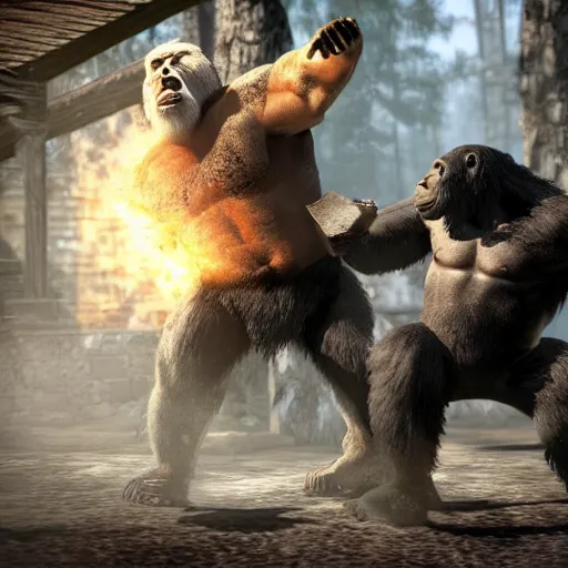 Image similar to a bear and a gorilla fighting in mortal kombat, highly detailed, 4 k