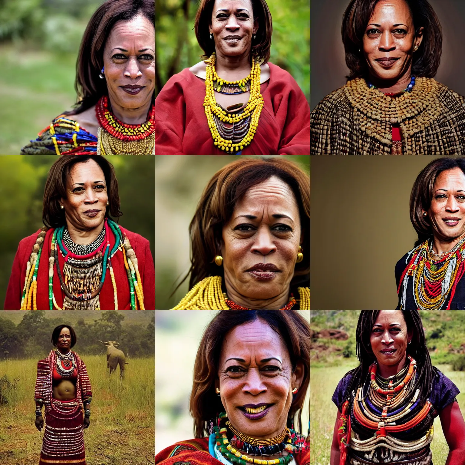 Prompt: photo of sinister kamala harris, luo tribeswoman wearing traditional clothing, photo by national geographic