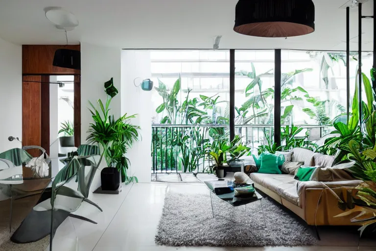 Prompt: tropical interior urban mangrove jungle inspiration modern apartment bachelor pad