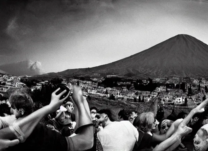 Prompt: old photo of greeks wich drink wine and have fun against the backdrop of mount vesuvius starting to erupt, photo by sebastian salgado, fisheye 4, 5 mm, diffused backlight