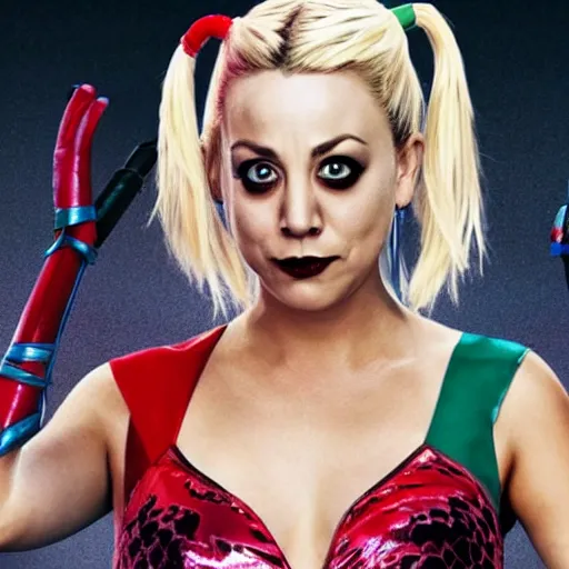 Image similar to A still of Kaley Cuoco as Harley Quinn