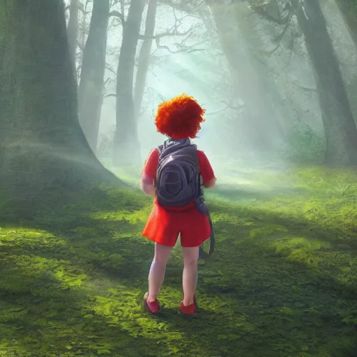 Image similar to a red - haired explorer girl kid with a backpack and a map, in the deep tangled, mossy, misty forest, lit by sunbeams, by loish, unreal 5,