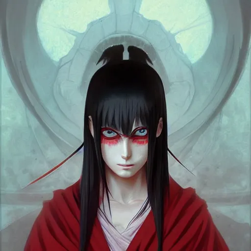 Image similar to itachi uchiha, red glowing eyes, intricate, elegant, highly detailed, digital painting, artstation, concept art, smooth, sharp focus, illustration, art by artgerm and greg rutkowski and alphonse mucha