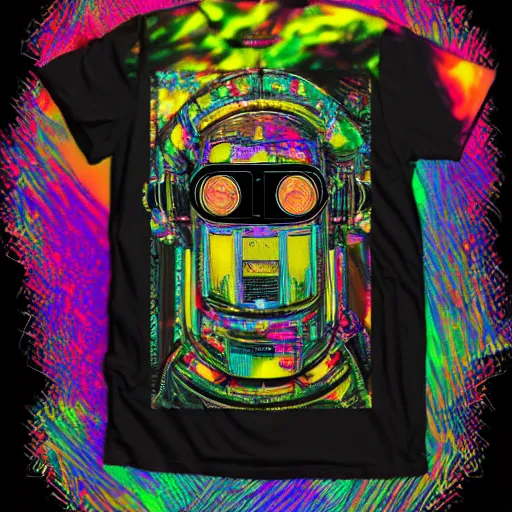 Image similar to mockup of a black tshirt with a hyperdetailed portrait of a steampunk robot on lsd, 8 k, symetrical, flourescent colors, happy trippy mood, multicolored,