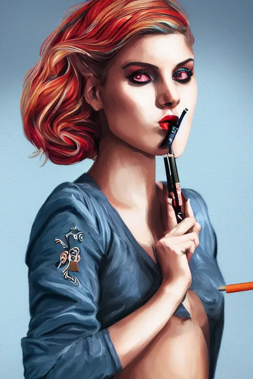 Prompt: full body painting of a girl smoking a cigarette and holding a pistol, cute face, intricate, highly detailed, digital painting, official media, concept art, rich vivid colors, ambient lighting, sharp focus, illustration