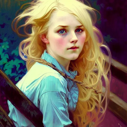 Prompt: Portrait of a young girl on a wooden swing, long blonde hair and sparkling blue eyes, face, vintage, retro, detailed, intricate, digital painting, artstation, concept art, smooth, sharp focus, illustration, art by Krenz Cushart and Artem Demura and alphonse mucha