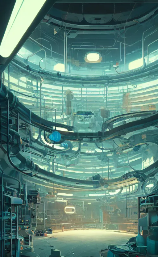 Image similar to Interior shot of a futuristic factory by Petros Afshar and Beeple, James Gilleard, Mark Ryden, Wolfgang Lettl highly detailed