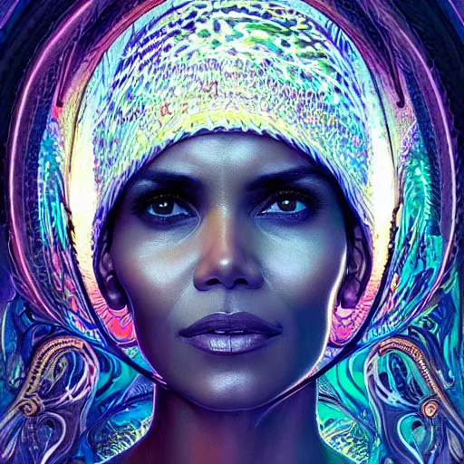 Image similar to portrait of halle berry, hyper detailed masterpiece, neon floral pattern, jean giraud, digital art painting, darkwave goth aesthetic, psychedelic, artgerm, donato giancola and tom bagshaw