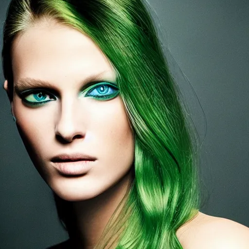 Prompt: photo of beautiful model, ((green eye shadow)), photo by annie-leibovitz!, beauty-campaign, real-life skin, smooth, sharp-focus