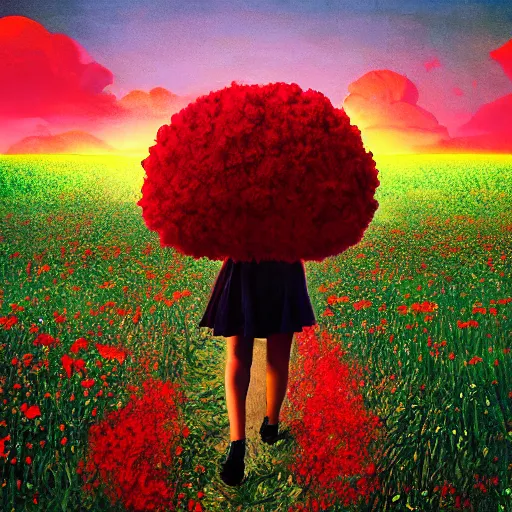 Prompt: large red flower afro, full body, girl walking in the middle of a field with flowers, surreal photography, hills, sunrise dramatic light, impressionist painting, colorful clouds, digital painting, pointillism, artstation, simon stalenhag