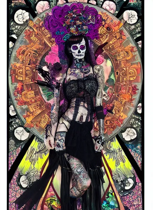 Prompt: cute punk goth fashion fractal Día de los Muertos tattooed girl posing in goth outfit by David Lachapelle, psychedelic poster art of by Victor Moscoso Rick Griffin Alphonse Mucha Gustav Klimt Ayami Kojima Amano Charlie Bowater, masterpiece