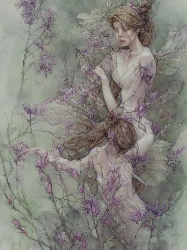 Prompt: study of a flower fairy, illustration, watercolor, alan lee, detailed, pretty, ethereal, realistic, artstation