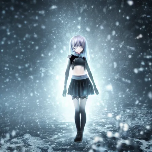 Prompt: photorealistic full body shot of masterpiece angry darkness anime girl, beautifull lovely eyes, electric aura with particles, snowing frozen ice, darkness background, detailed, unreal engine 4 k, volumetric light, fog