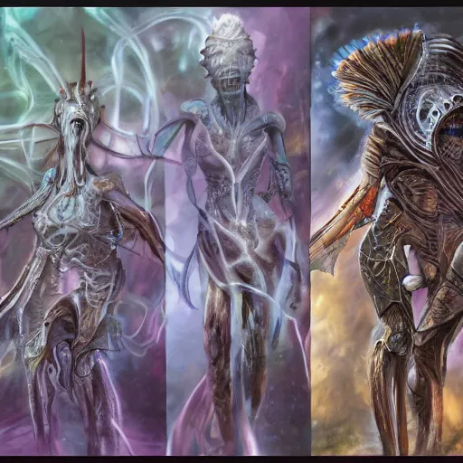 Image similar to phyrexian dreadnought borg queen xenomorph hybrid with protomolecule vesicles being possessed by the machine spirit rikolo and doctor seuss with joan semmel and hr giger pastel high contrast cinematic light, mystical shadows, sharp focus, divine realm of gods, octane render