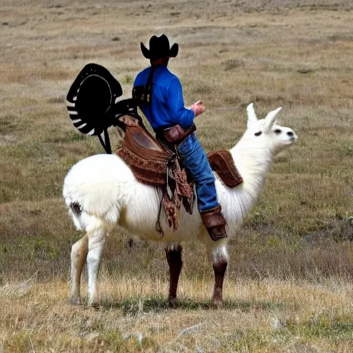 Image similar to a cowboy riding a llama