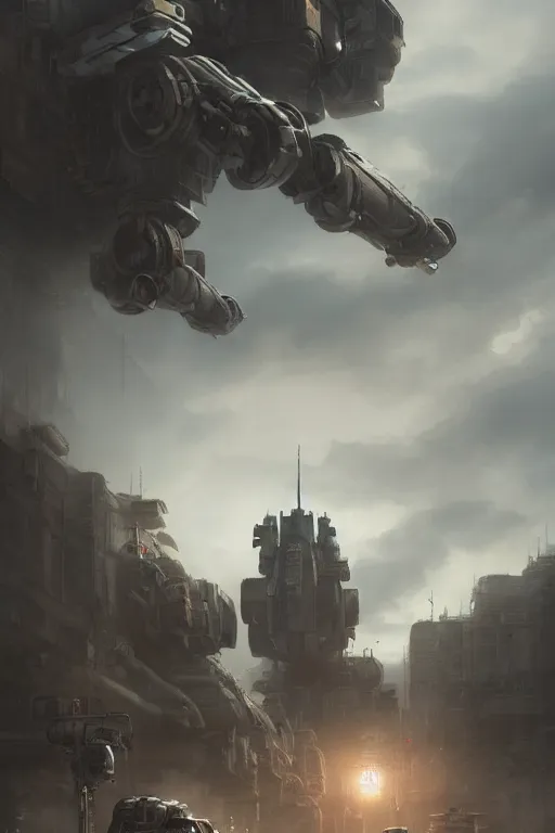 Prompt: ultra realist and ultra intricate detailed soft painting of a large mech in the style of battletech, standing in a post-apocalyptic street, sensual gloomy style, volumetric clouds, artstation, unreal render, depth of field