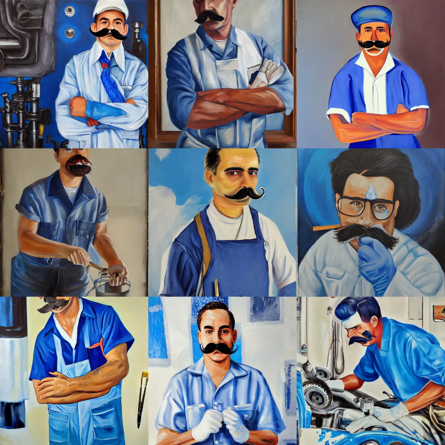 Prompt: mechanic with mustache in white and blue clothing, painting