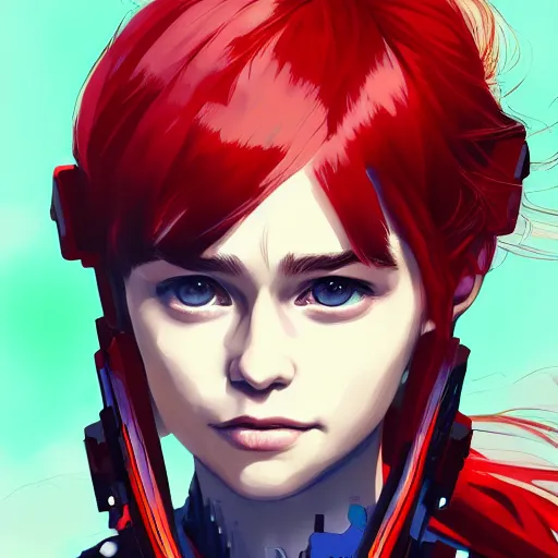 Prompt: highly detailed portrait of a young cyberpunk emilia clarke with a wavy vibrant red hair, blue eyes, by Dustin Nguyen, Akihiko Yoshida, Greg Tocchini, Greg Rutkowski, Cliff Chiang, 4k resolution, nier:automata inspired, bravely default inspired, space nebula background