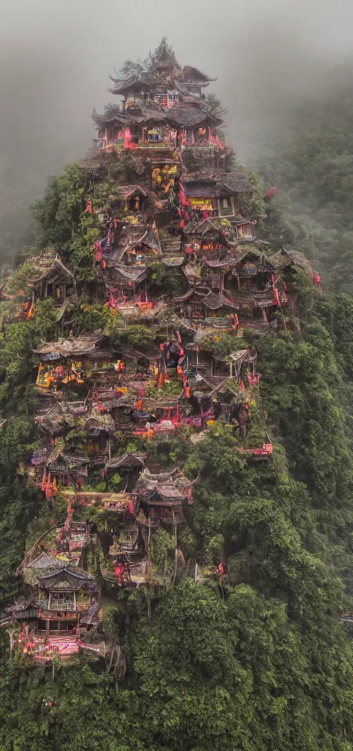 Prompt: an 8 0 mm color macro hi def picture of the angel of death hovering above kunlao village. everything is of the second level on the isle of kun lao. turtles. hot dogs. ancient statues. volumetric lighting with picoso hotdogs. atmospheric. scary fog national geographic.