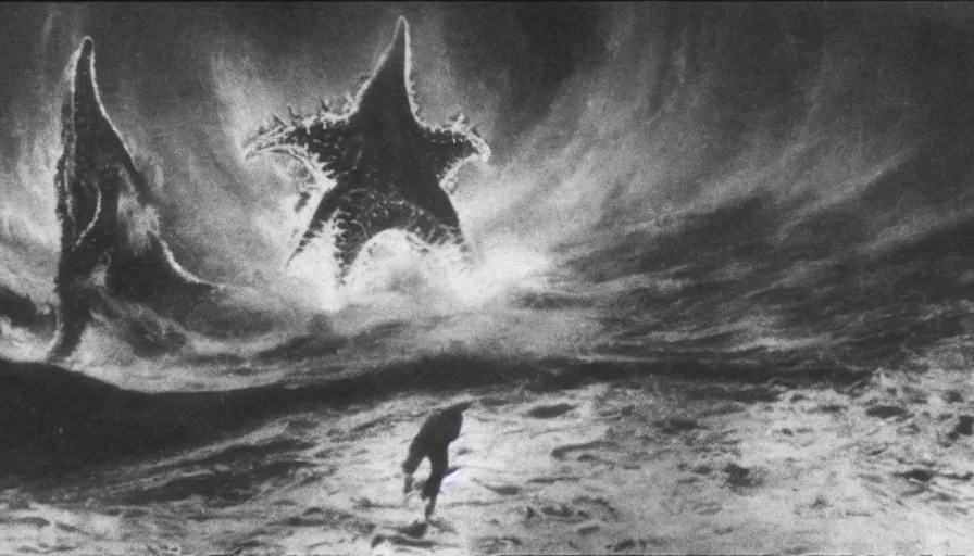 Prompt: rare vintage footage of a giant Kaiju Starfish monster, overshadowing Kim Jong-il, shin sang-ok and Choi Eun-hee escaping, 1985, Pyongyang, obscured underexposed view