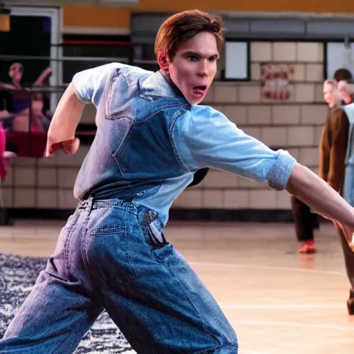 Image similar to Live Action Still of Jerma in High School Musical, real life, hyperrealistic, ultra realistic, realistic, highly detailed, epic, HD quality, 8k resolution, body and headshot, film still