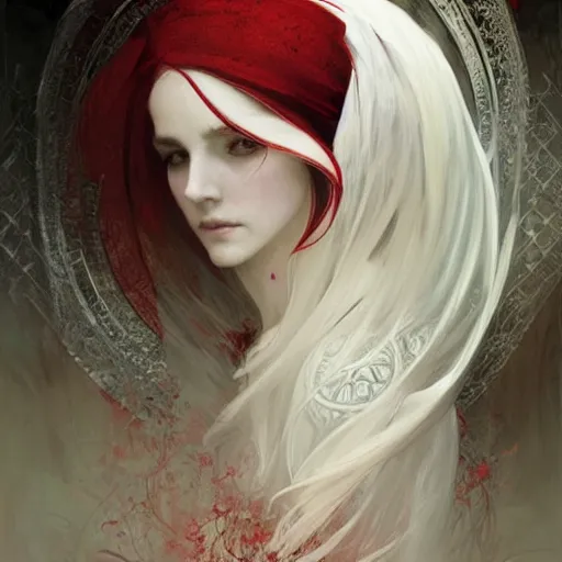 Prompt: portrait of a beautiful ethereal delicate meditative catholic bishopric sacred pose catholic steps of the cross, white hair with big black and red horn, intricate, elegant, highly detailed, digital painting, artstation, concept art, smooth focus et sharp, illustration, art by krenz cushart and artem demura and alphonse mucha