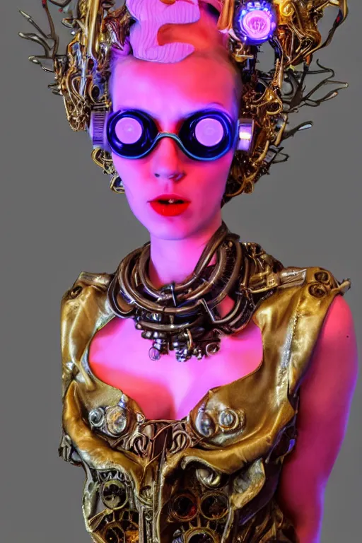 Image similar to full-body porcelain rococo futuristic style sculpture of a young beautiful goddess as a half-robot wearing retro shades, red lips, mechanical eyes, leaking glowing neon radioactive liquid, electric sparks, glowing violet laser beam eyes, crown of giant diamonds, gold chain steampunk necklace, flowing purple satin, luminescent fabrics, mechanical roses. baroque and steampunk elements. full-length view. baroque element. intricate artwork by caravaggio. Trending on artstation, octane render, cinematic lighting from the right, hyper realism, octane render, 8k, depth of field, 3D