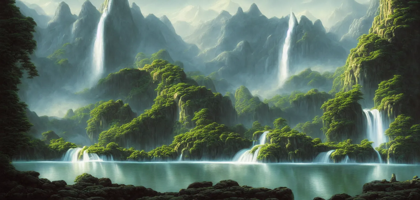 Image similar to a painting of a waterfall and a lake surrounded by mountains, a detailed matte painting by david a. hardy, featured on cgsociety, fantasy art, matte painting, 2 d game art, concept art