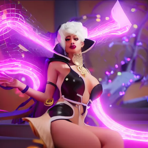 Image similar to still of pretty LeBlanc (League of Legends) in KDA music video. 3d render, octane render, game art, realistic, highly detailed, trending on artstation, 4k, trending on artstation, pixar, cgsociety, unreal engine 5, redshift render, trending on artstation, blender, behance, cg