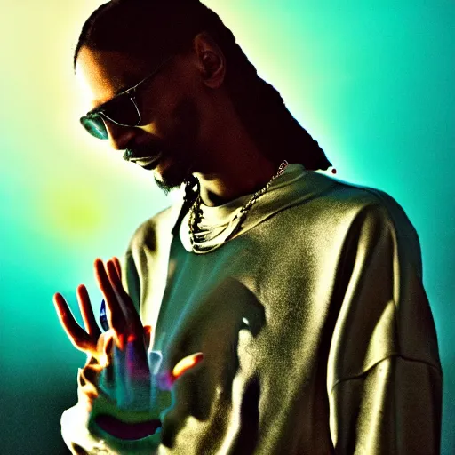 Prompt: a dramatic photograph of snoop dog smoking a joint in an infinite universe while contemplating a magical portal to the beyond, ground haze, dramatic lighting, filmic, cinematographic