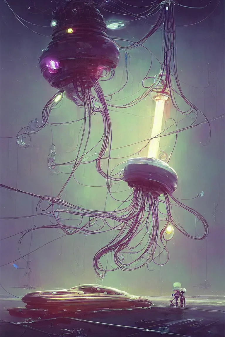 Image similar to mechanical robotic squid jellyfish spaceship with long tendrils, lots of hanging cables and wires, sci - fi concept art, by john harris, by simon stalenhag, stunning, award winning