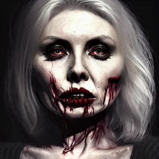 Image similar to young debbie harry as a flesh eating zombie with cuts on face, 7 days to die zombie, fine art, award winning, intricate, elegant, sharp focus, cinematic lighting, highly detailed, digital painting, 8 k concept art, art by guweiz and z. w. gu, masterpiece, trending on artstation, 8 k