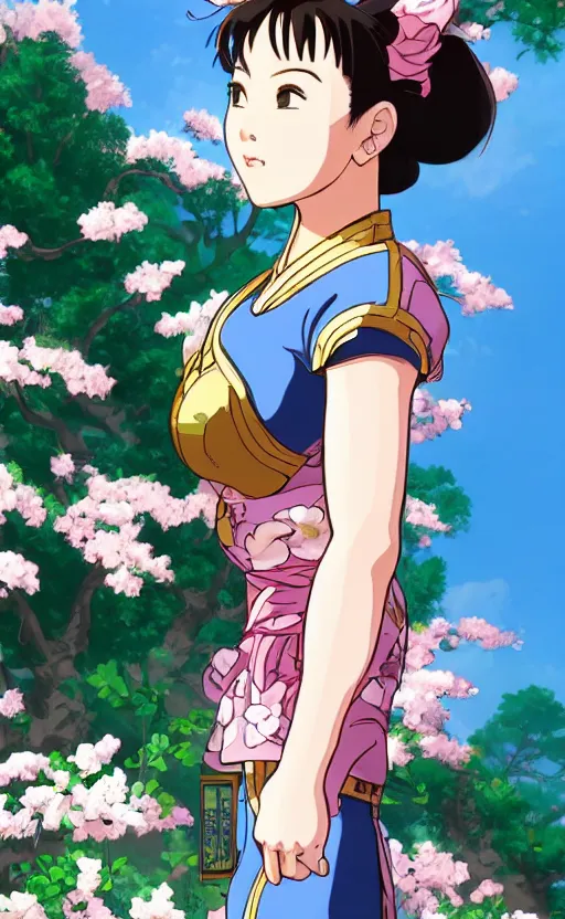 Image similar to an ultrawide photo of chun li standing in front of sakura trees, studio ghibli concept art, detailed, beautiful face, beautiful eyes, beautiful lighting, hdr, 4 k