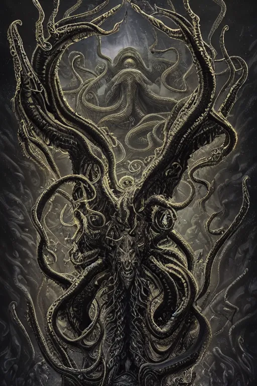 Prompt: portrait of Cthulhu spreading his dark unholy wings rising form his eternal slumber in Rlyeh, in style of Doom, in style of Midjourney, insanely detailed and intricate, golden ratio, elegant, ornate, unfathomable horror, elite, ominous, haunting, matte painting, cinematic, cgsociety, James jean, Noah Bradley, Darius Zawadzki, vivid and vibrant