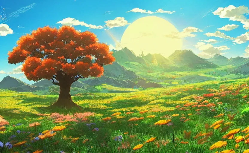 Image similar to fantastic anime sunny meadow with flowers, lone old Oak in the middle plane and mountains on the background, by Hayao Miyazaki, Nausicaa, studio Ghibli style, Anime wallpaper, stunning