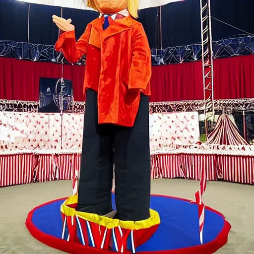 Prompt: Donald trump tallest man in the world being showed off at a circus