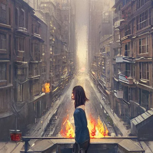 Prompt: woman, city, looking down, street top view, fire by wlop, artgerm, greg rutkowski