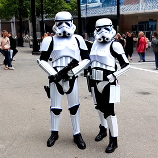 Image similar to two stormtroopers taking pictures with women on the street