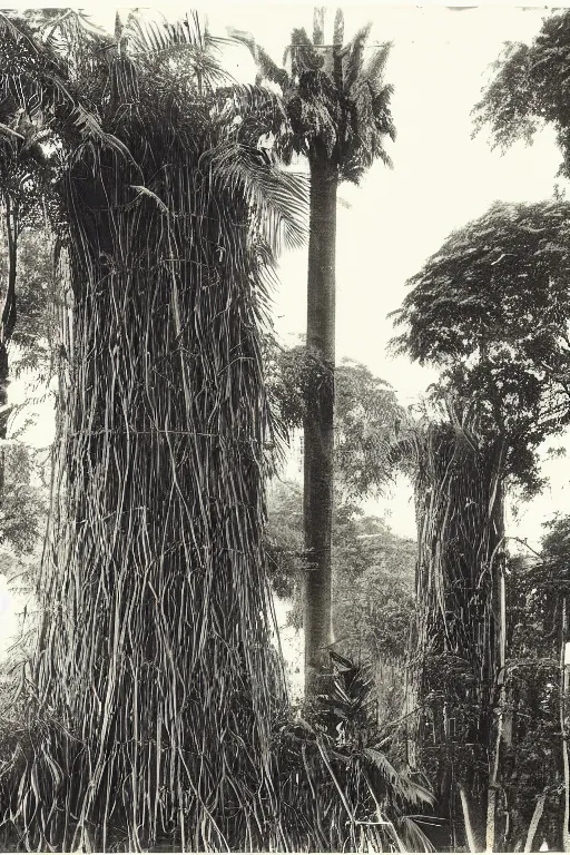 Image similar to long and tall organic buildings, jungle, black and white photography, year 1 9 0 0