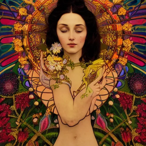 Image similar to a portrait painting of a singular beautiful female godess of spring, colorful flowers, holy geometry, tarot card style, by Mohrbacher and Moebius and Alphonse Mucha and Roger Deakins, cinematic lighting, masterpiece, golden ratio background, highly detailed, 8k resolution, trending on art station