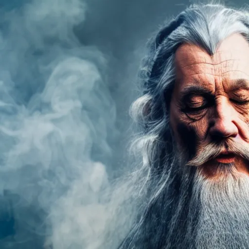 Image similar to portrait of gandalf, eyes closed, covered in smoke, 4 k