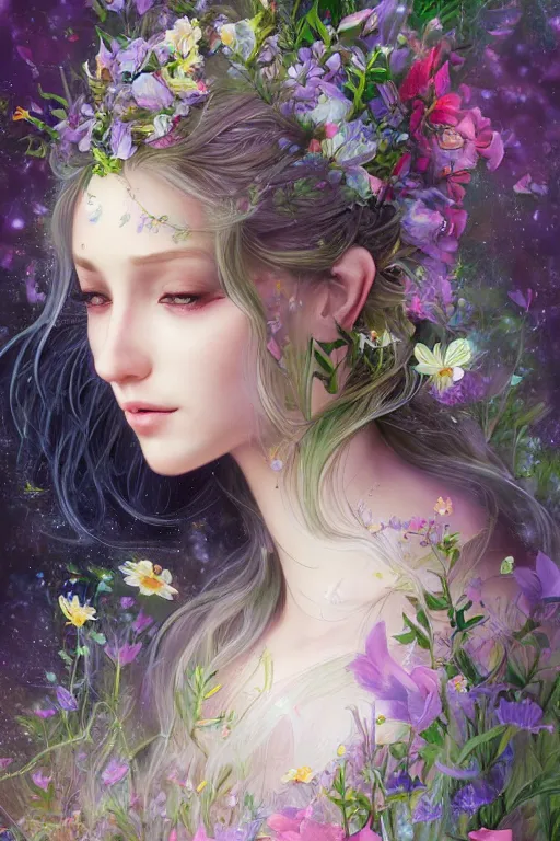 Image similar to a portrait of a beautiful elvish goddess with flowers in her hairs , hd, 4k, 8k, highly detailed, sharp, ethereal, astral environment in style of Anna Dittmann and Mark Arial and Artgerm