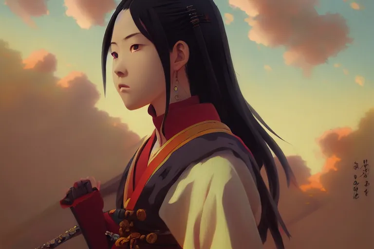 Image similar to baroque oil painting of anime key visual concept art of a samurai girl, very anime, stars vackground, trending on artstation, oil on canvas, style of makoto shinkai greg rutkowski studio ghibli