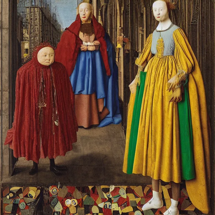 Prompt: a woman made of bubbles, standing next to a monster, by Jan van Eyck