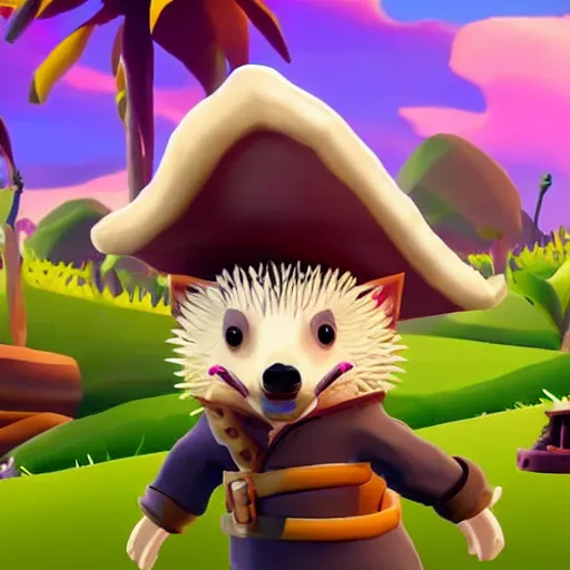 Prompt: hedgehog playing golf in sea of thieves, hedgehog wearing a pirate hat, cute, colourful, happy, adorable