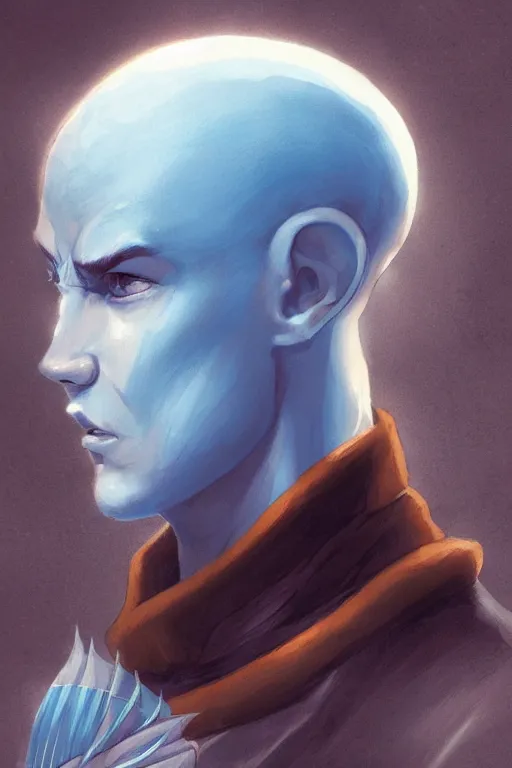 Image similar to Portrait of Aang,blue arrow paint going down his head, by Charlie Bowater