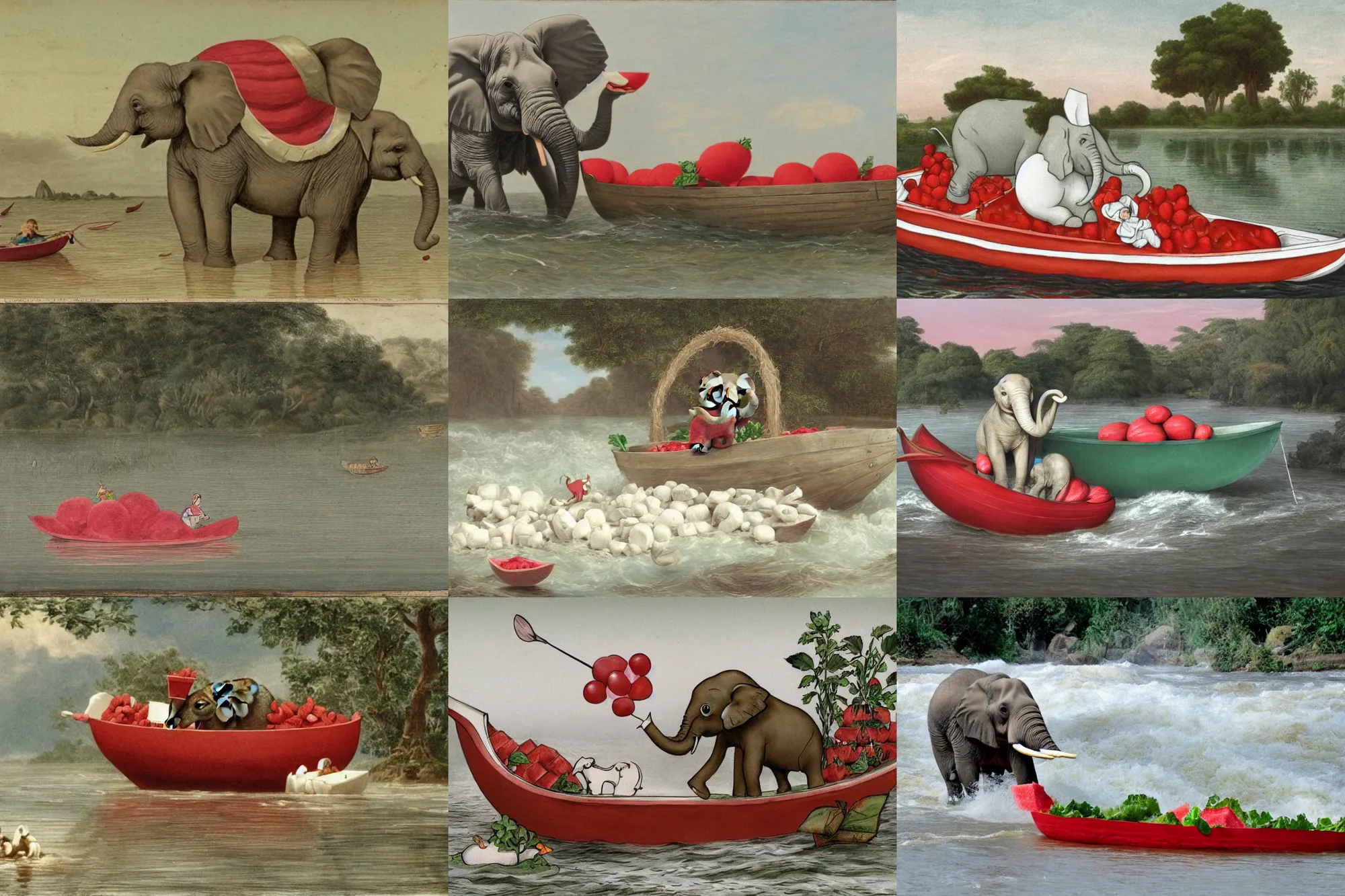 Prompt: a small elephant sits in a boat made of watermelon and floats on a river of white white white white white milk, white water