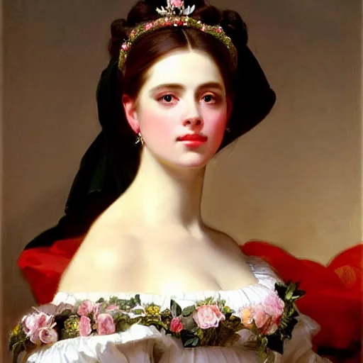 Prompt: beautiful painting of a queen by franz xaver winterhalter, highly detailed, vivid, romanticism, 1 8 6 0 s style art, high quality, elegant, fancy