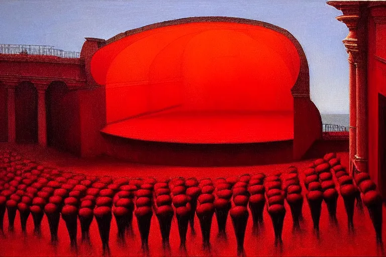 Image similar to only with red, a red great emperor, taormina amphitheatre, crowd with big smile, in the style of beksinski, parts by edward hopper, parts by rodcenko, parts by yue minjun, intricate and epic composition, red by caravaggio, insanely quality, highly detailed, masterpiece, red light, artstation, 4 k