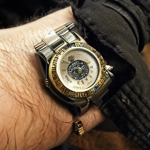 Image similar to full character image of a steampunk rolex on hitlers wrist, sitting on a toilet